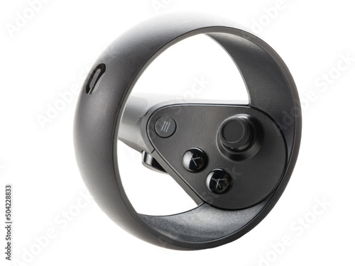 Close-up of the joystick from the virtual reality glasses isolated on a white background. VR helmet controller. Perspective view.