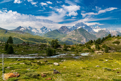 The beautiful mountains and lakes over La Thuile in a summer day