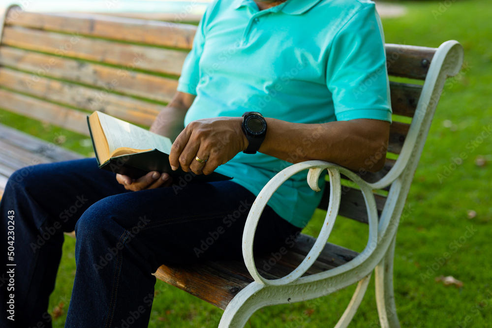 Obraz premium Midsection of biracial senior man wearing watch reading book while sitting on wooden bench in park