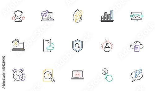 Fototapeta Naklejka Na Ścianę i Meble -  Alarm, Image carousel and File storage line icons for website, printing. Collection of Best chef, Copyright chat, Work home icons. Graph chart, Online chemistry, Smartphone cloud web elements. Vector