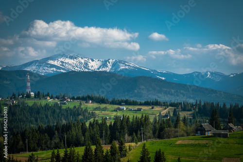 Nature of Ukraine, a village in the Carpathian mountains. View of Mount Hoverla, Ukrainian Carpathians.