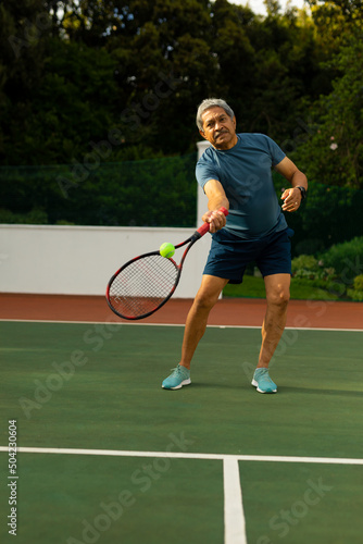 Biracial senior man hitting tennis ball with racket while playing tennis against trees at court © WavebreakMediaMicro