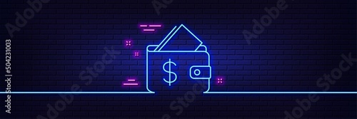 Neon light glow effect. Wallet line icon. Affordability sign. Cash savings symbol. 3d line neon glow icon. Brick wall banner. Wallet outline. Vector