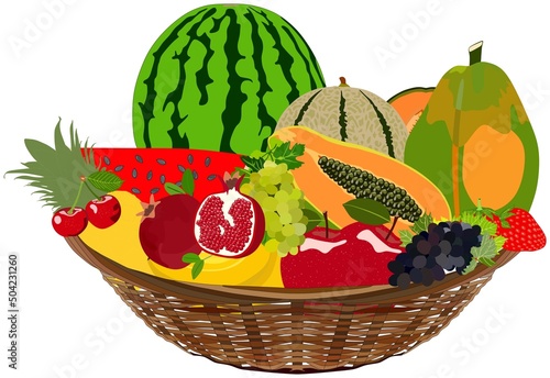 Fruit basket vector drawing on isolated background including melon watermelon papaya grapes apple strawberry banana pineapple and pomegranate abstract flat design illustration cartoon concept 