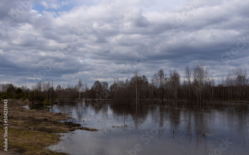 Rubbish in the river. Cloudy spring evening, flood.