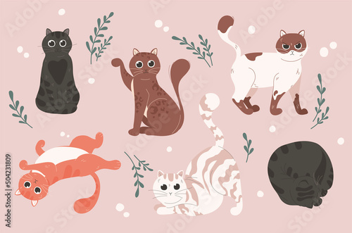 Cute cats set. Collection of beautiful pets and characters for girls. Love for animals and care of nature. Playful kittens with leaves. Cartoon flat vector illustrations isolated on pink background