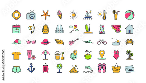 Summer Icon Color Thin Line Set Travel Recreation Vacation Isolated White Background. Vector illustration