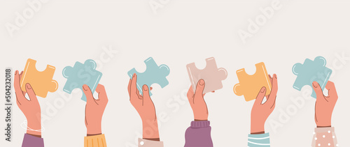 Teamwork and success. Hands with puzzles, coworking metaphor. Colleagues working on common project. Creative personalities and brainstorming, searching for ideas. Cartoon flat vector illustration