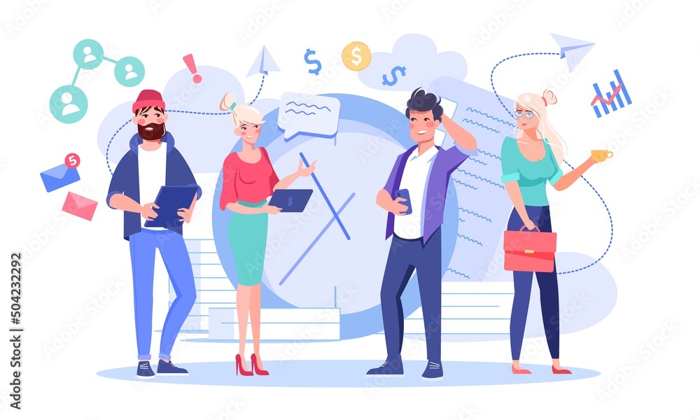Obraz premium Puzzled business people standing under giant clock flat vector illustration. Time management, employee control, effective office work concept