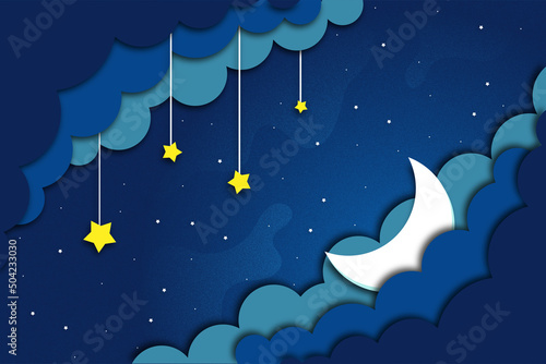 Card with half moon, stars and clouds in paper cutout style for kids