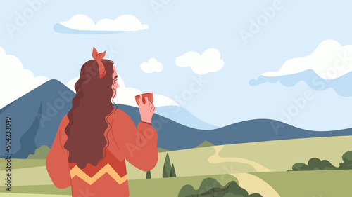 Inspiration on nature. Young girl with mug of hot drink looks at mountain. Creative person looking for ideas, insight. Active lifestyle and hiking, meditation. Cartoon flat vector illustration