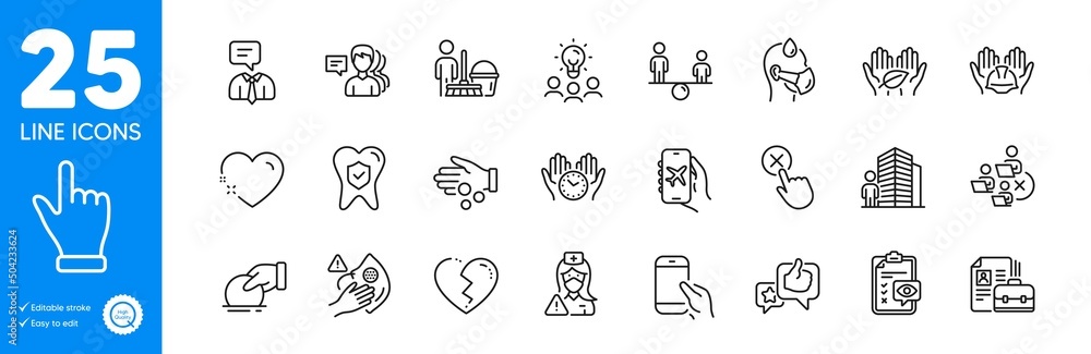 Outline icons set. Flight mode, Reject click and Cleaning icons. Dirty mask, Nurse, Eye checklist web elements. Like, Sick man, Broken heart signs. Business idea, People, Safe time. Vector Outline icons set. Flight mode, Reject click and Cleaning icons. Dirty mask, Nurse, Eye checklist web elements. Like, Sick man, Broken heart signs. Business idea, People, Safe time. Vector