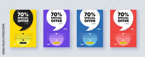 Poster frame with quote, comma. 70 percent discount offer tag. Sale price promo sign. Special offer symbol. Quotation offer bubble. Discount message. Vector