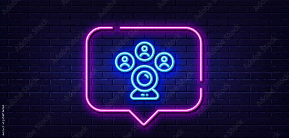 Neon light speech bubble. Video conference line icon. Online meeting sign. Web camera symbol. Neon light background. Video conference glow line. Brick wall banner. Vector Neon light speech bubble. Video conference line icon. Online meeting sign. Web camera symbol. Neon light background. Video conference glow line. Brick wall banner. Vector