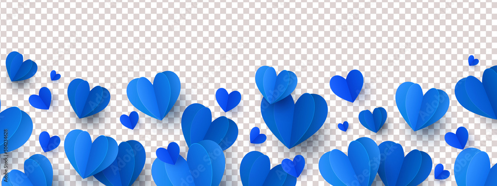 Happy Father's Day love background with long horizontal border made of beautiful falling blue colored paper hearts isolated on background. Happy Fathers Day or Valentines vector illustration - obrazy, fototapety, plakaty 