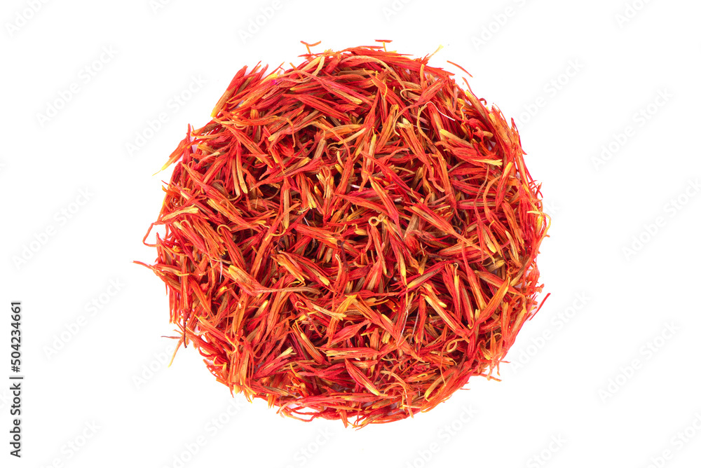 Fototapeta premium A mound of red saffron. Dry saffron spice on background. Dry saffron flower.