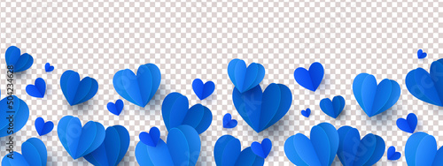 Happy Father's Day love background with long horizontal border made of beautiful falling blue colored paper hearts isolated on background. Happy Fathers Day or Valentines vector illustration