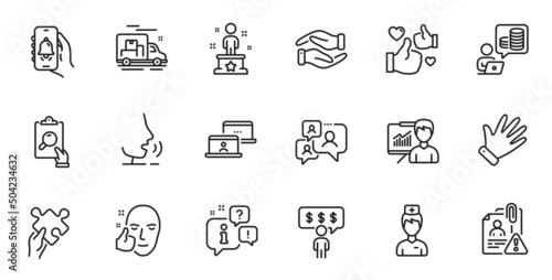 Outline set of Employee benefits, Success and Presentation line icons for web application. Talk, information, delivery truck outline icon. Include Doctor, Support chat, Search employee icons. Vector