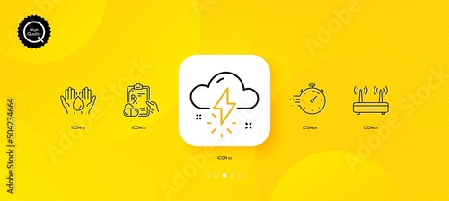 Prescription drugs, Wifi and Thunderstorm weather minimal line icons. Yellow abstract background. Timer, Safe water icons. For web, application, printing. Pills, Internet router, Thunder bolt. Vector