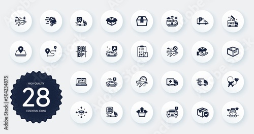 Set of Transportation icons, such as Truck delivery, Web inventory and Hold box flat icons. Ambulance emergency, Airplane travel, Package box web elements. Cancel flight. Circle buttons. Vector