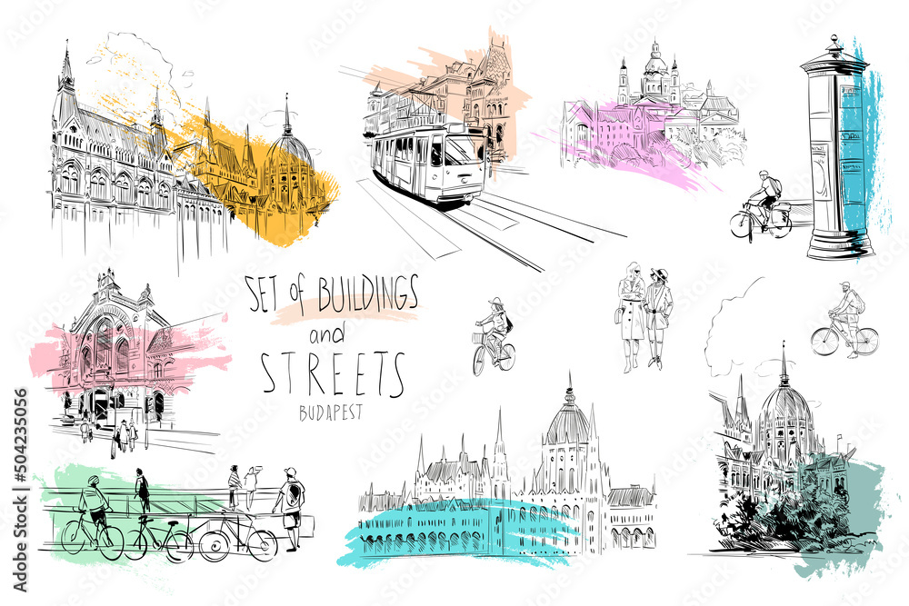 Fototapeta premium Set of buildings and streets, architectural facade elements hand drawn sketch. Hungary. Art vector illustration.