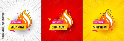 Hot offer sale banner. Flash offer banner, coupon or poster. Discount sticker shape. Special offer icon. Hot offer promo banner. Retail marketing flyer. Starburst pop art. Vector