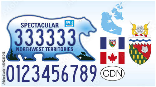 Northwest territories car license plate, Canada, letters, numbers and symbols, vector illustration