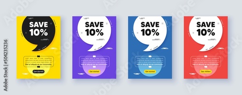 Poster frame with quote, comma. Save 10 percent off tag. Sale Discount offer price sign. Special offer symbol. Quotation offer bubble. Discount message. Vector