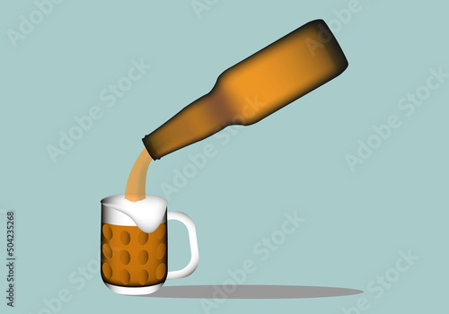 Botellín de cerveza llenando una jarra de cerveza sobre fondo verde