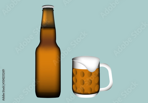 Botella o botellín de cerveza con jarra de cerveza con espuma sobre fondo verde