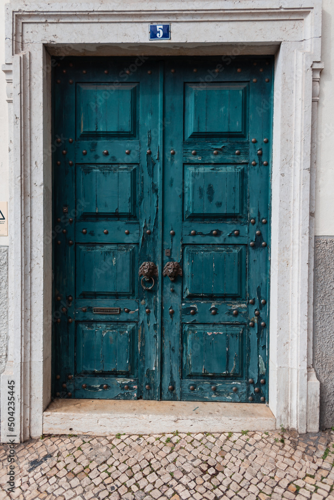 Vintage blue textured wooden door with lion handles in Portugal