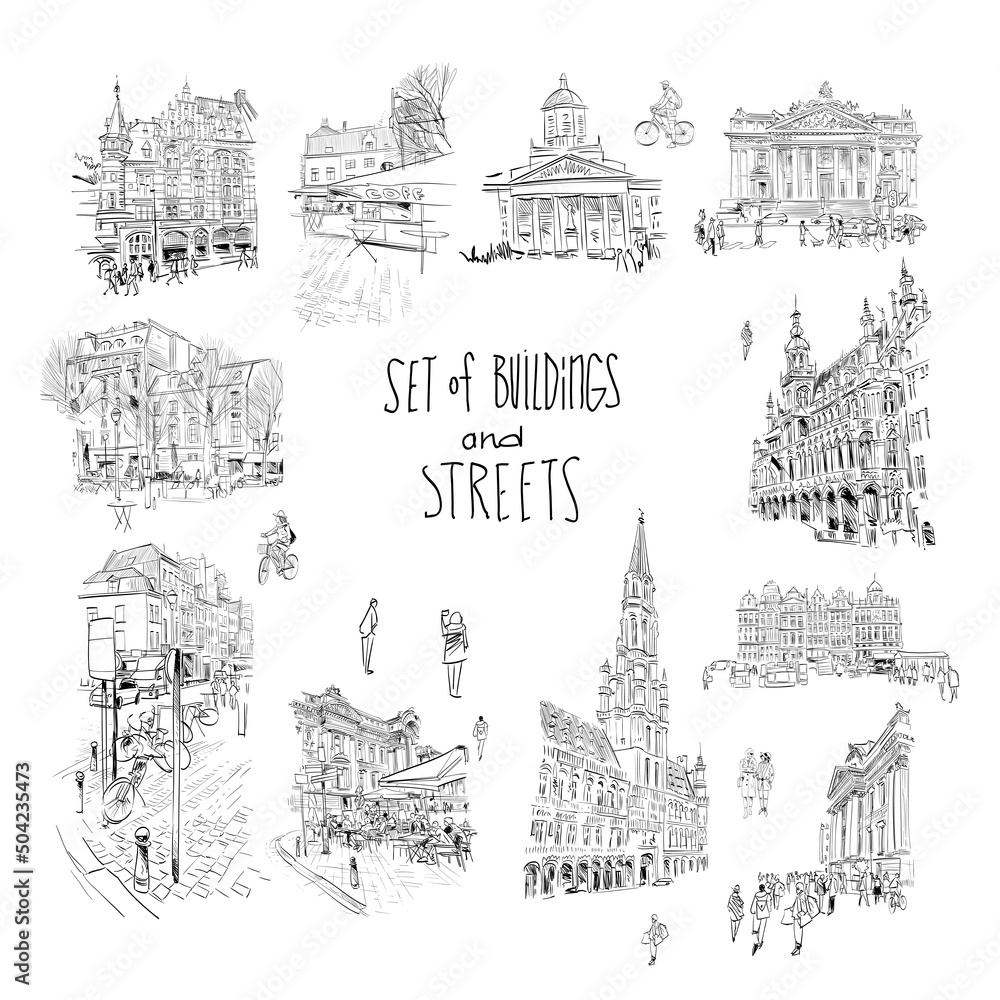 Set of buildings and streets, architectural facade elements hand drawn sketch. Brussels. Art vector illustration. 