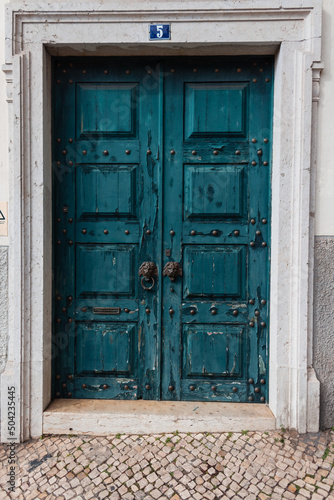 Vintage blue textured wooden door with lion handles in Portugal