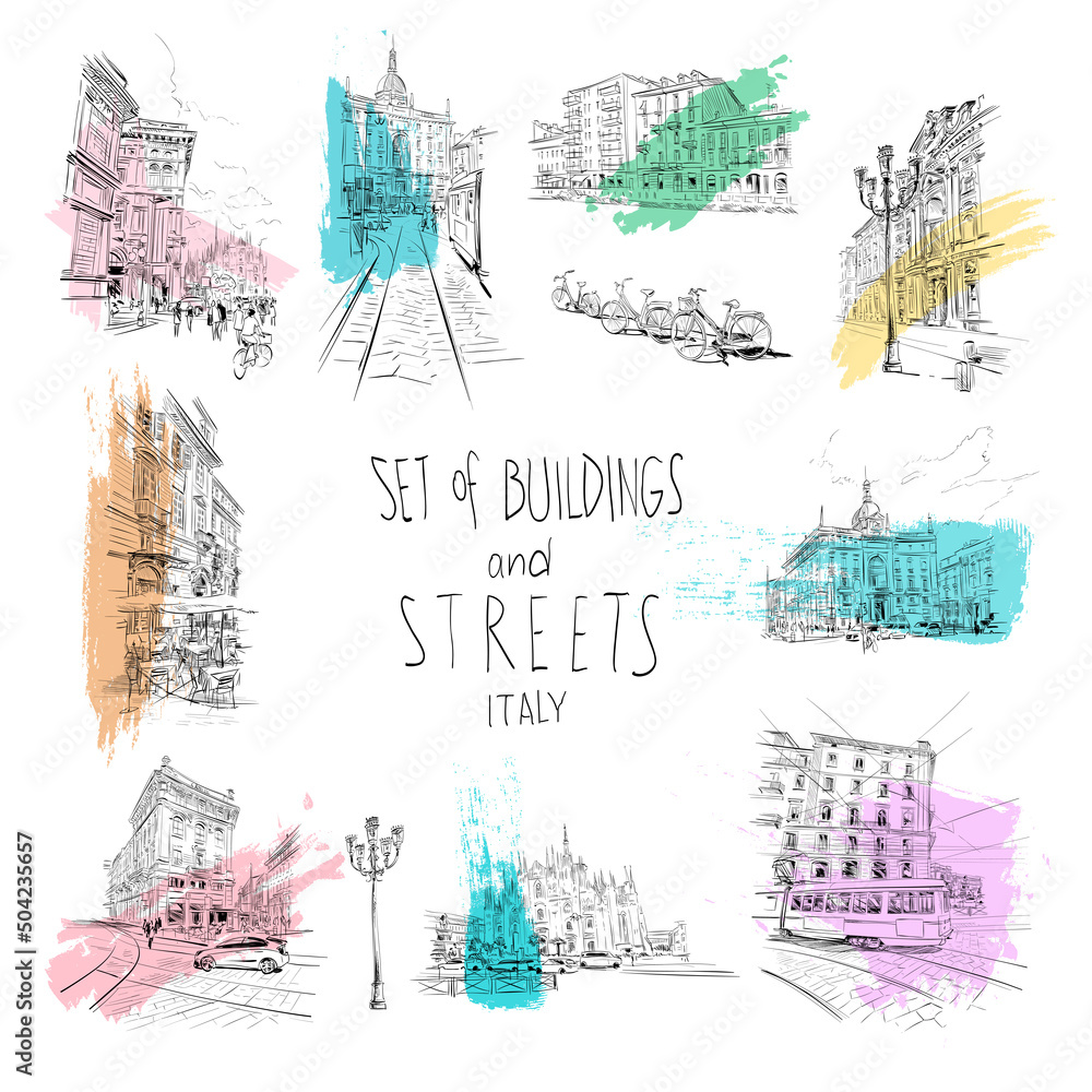 Fototapeta premium Set of buildings and streets, architectural facade elements hand drawn sketch. Italy, Milan. Art vector illustration. 