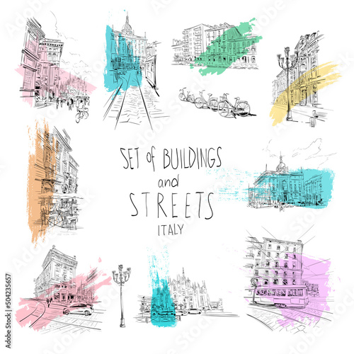 Set of buildings and streets, architectural facade elements hand drawn sketch. Italy, Milan. Art vector illustration. 