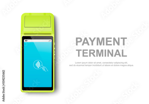 Vector Realistic Green 3d Touch NFC Mobile Payment Machine. POS Terminal Closeup Isolated on White. Design Template of Bank Payment Wireless Contactless Terminal, Mockup. Payments device. Top View
