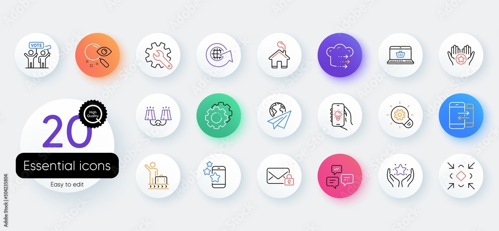 Simple set of Electric app, Best app and Customisation line icons. Include World globe, Chat messages, Luggage belt icons. Minimize, Cogwheel, Search web elements. Settings gears. Vector Simple set of Electric app, Best app and Customisation line icons. Include World globe, Chat messages, Luggage belt icons. Minimize, Cogwheel, Search web elements. Settings gears. Vector