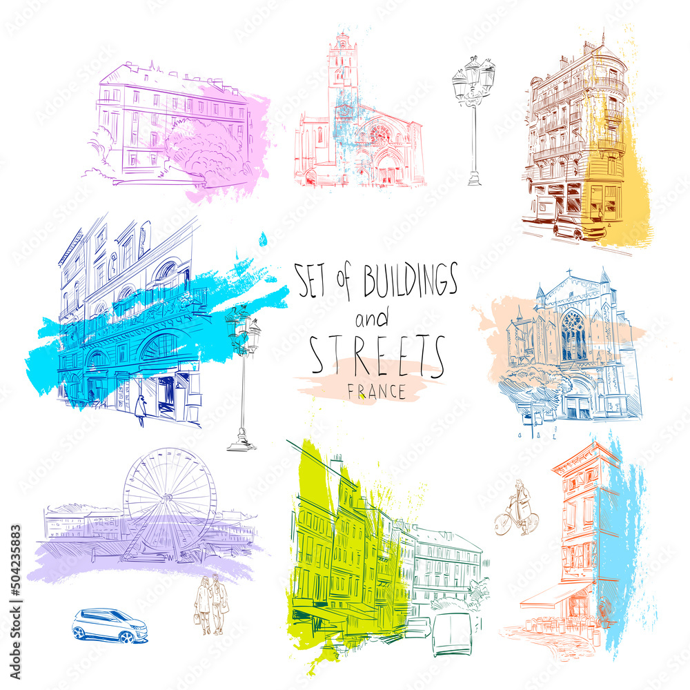 Fototapeta premium Set of buildings and streets, architectural facade elements hand drawn sketch. France, Toulouse. Art vector illustration.