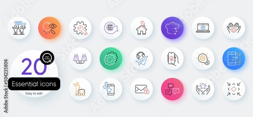 Simple set of Electric app, Best app and Customisation line icons. Include World globe, Chat messages, Luggage belt icons. Minimize, Cogwheel, Search web elements. Settings gears. Vector