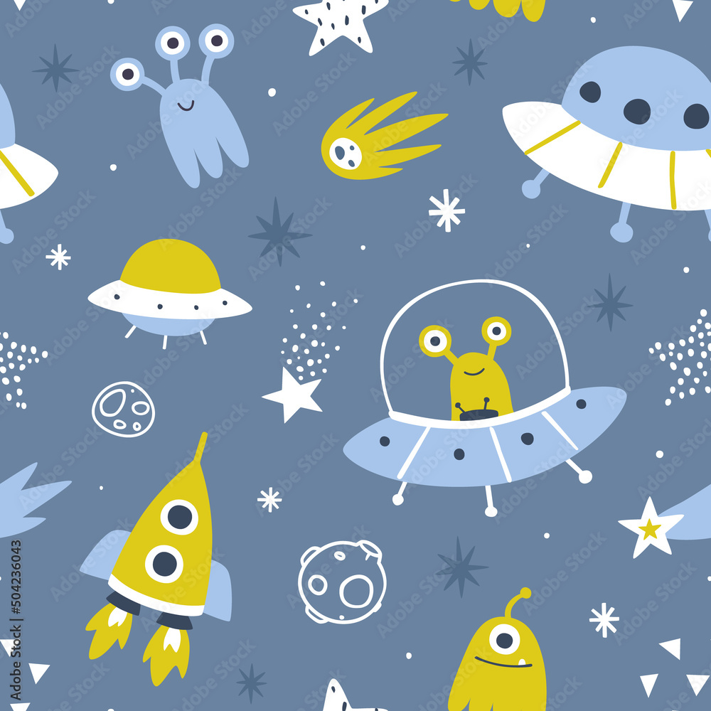 Cute space adventure pattern with aliens and spaceships. Funny seamless cosmic print for baby textile and nursery fabric.