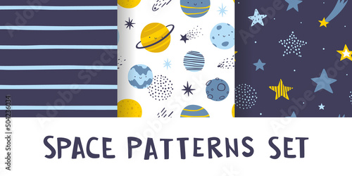 Cute space patterns collection for kids textile. Kawaii vector seamless astronomy prints set for baby fabric.
