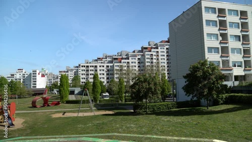 Bremen Tenever social housing blocks under blue sky.