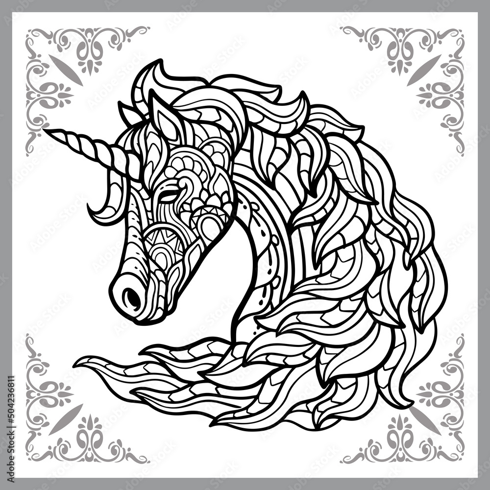 Fototapeta premium unicorn head zentangle arts. isolated on black background. 