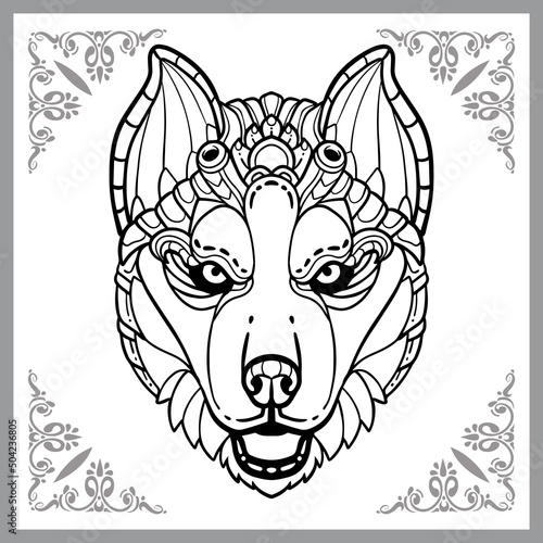 Siberian husky dog zentangle arts. isolated on black background.