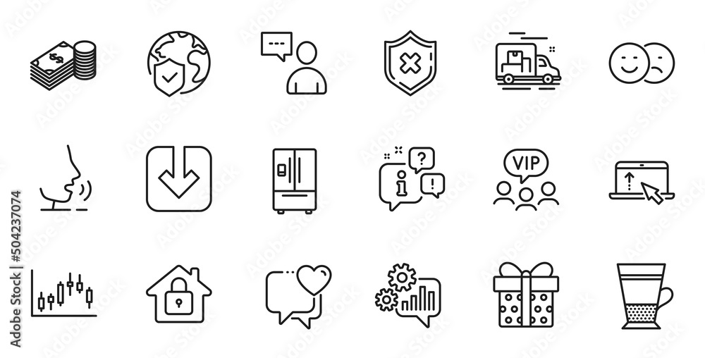 Outline set of Users chat, Cogwheel and Like line icons for web application. Talk, information, delivery truck outline icon. Include Heart, Swipe up, Gift box icons. Vector Outline set of Users chat, Cogwheel and Like line icons for web application. Talk, information, delivery truck outline icon. Include Heart, Swipe up, Gift box icons. Vector