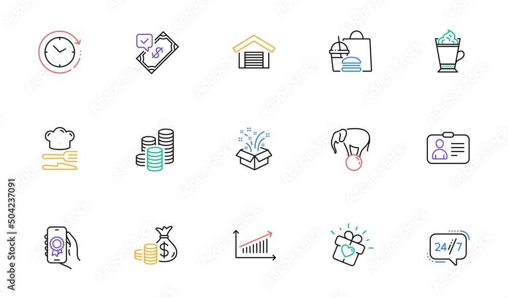 Coins bag, Food and Latte coffee line icons for website, printing. Collection of Coins, Parking garage, Gift icons. Time change, Award app, Chart web elements. Love gift. Vector