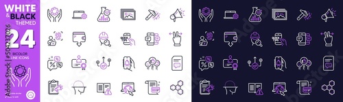 Bell alert, Megaphone checklist and Wallet line icons for website, printing. Collection of Discounts chat, Computer fingerprint, Hammer blow icons. Internet, Chemical formula. Vector