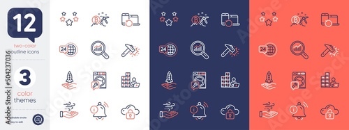 Set of Information bell, Stars and Crowdfunding line icons. Include Bitcoin mining, Wind energy, Inventory icons. 24h service, Hammer blow, Washing machine web elements. Recovery devices. Vector