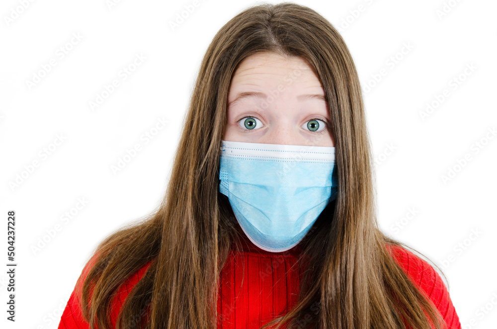 Shocked young girl with virus protection surgical face mask. Worried teenage girl. Isolated on white background. copy space. Beautiful shocked teen girl. Covid-19. Shocked young girl with virus protection surgical face mask. Worried teenage girl. Isolated on white background. copy space. Beautiful shocked teen girl. Covid-19.