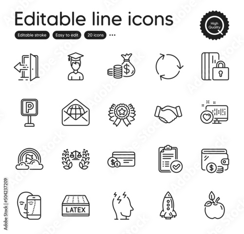 Set of Business outline icons. Contains icons as Stress, Blocked card and Winner ribbon elements. Handshake, Recycling, Lgbt web signs. Heart, Latex mattress, Payment method elements. Vector